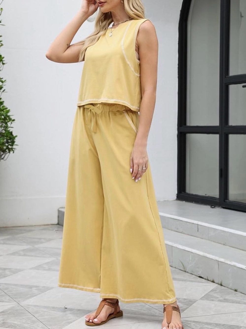 Amazon Yellow Sleeveless Wide-Leg Drawstring Jumpsuit